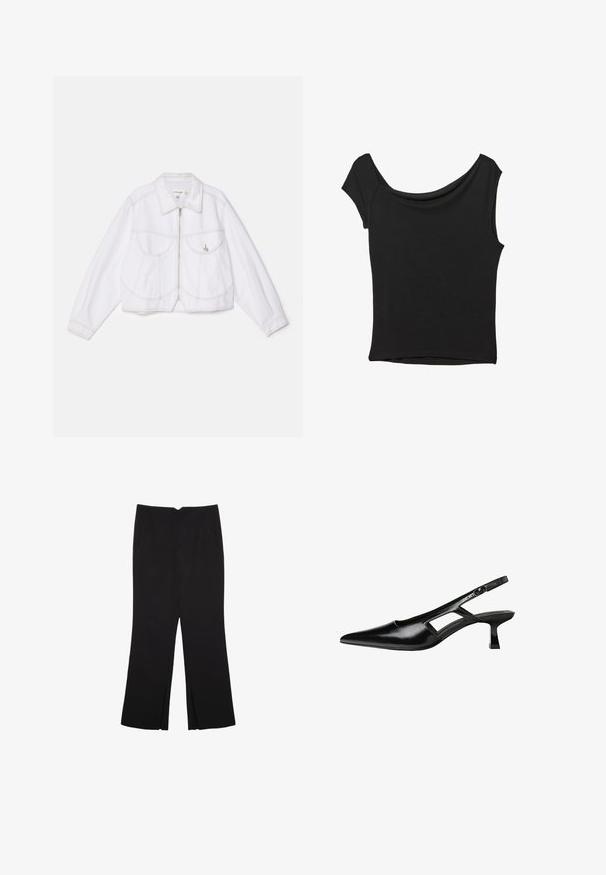 Biely denimový skrátený kabát s dlhými rukávmi, predným zipsom, dvoma vreckami na hrudi a kontrastnými švovými detailmi. Tkanina má hladkú štruktúru.; Čierny krátky rukáv top vyrobený z hladkej tkaniny; má prehnutý výstrih a asymetrický lem, s priliehavým telom.; Čierne nohavice so strihom rovného strihu, s prednými vreckami a bočnými rozparkami na leme. Vyrobené z mäkkej, hladkej tkaniny. Vhodné na rôzne príležitosti.; Čierne lakované kožené lodičky na podpätku s špicatou špičkou, výrezovým dizajnom na boku a malým štvorcovým podpätkom. Hladký povrch s minimálnymi akcentmi.