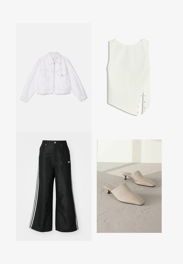 Giacca corta in denim bianco con maniche lunghe, chiusura frontale con zip, due tasche sul petto e dettagli di cucitura in contrasto. Il tessuto ha una consistenza liscia.; Top bianco senza maniche con scollatura arrotondata, orlo asimmetrico e chiusura a bottoni sul lato. Tessuto liscio e leggero.; Pantaloni in denim neri a gamba larga con tre strisce bianche su ciascun lato e un piccolo logo bianco. Presentano tasche frontali e chiusura con bottone.; Mule in pelle beige con punta affilata e tacco basso nero. Texture liscia, design slip-on, silhouette minimalista, senza motivi visibili.