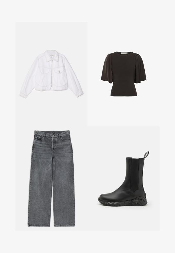 Valkoinen farkkukangasta cropped-takki, jossa on pitkät hihat, edessä vetoketjukiinnitys, kaksi rintataskua ja kontrastiväriset ompelusaumat. Kangas on sileäpintaista.; Musta paita, jossa on lyhyet, puffattuja hihoja ja sileä kangas. Ominaisuuksiin kuuluu pyöreä pääntie ja tiukka siluetti.; Laivahousut tummanharmaasta denimestä. Ominaisuuksina korkea vyötärö, viisi taskua ja etupainon sulku. Sujuva pinta hienovaraisella haalistumisella.; MCM SKYWANDER - Saappaat - black