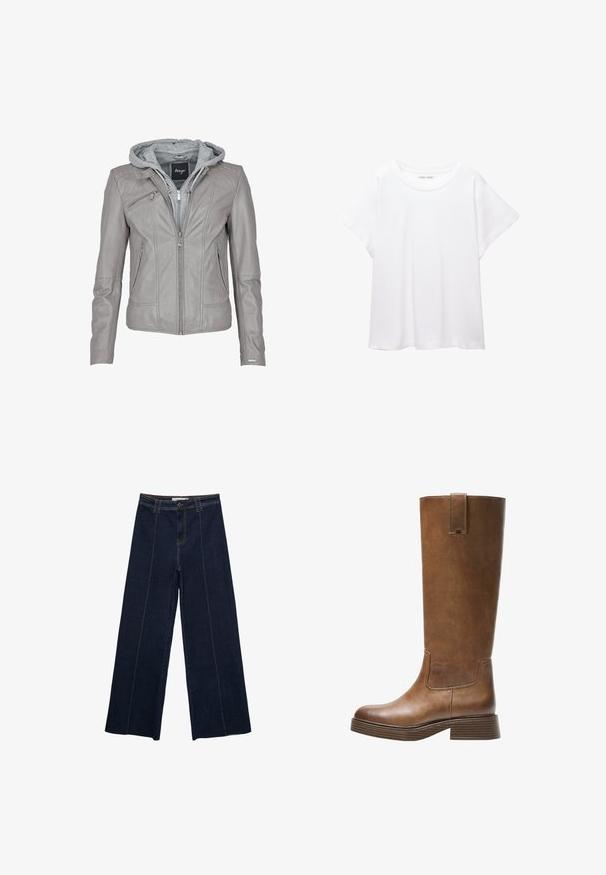 Grå læderjakke med lynlås foran og hætte. Har lodret syning, to sidelommer og en glat, struktureret overflade.; Hvid T-shirt lavet af blødt, let stof. Har en rund halsudskæring og korte, brede ærmer med en afslappet pasform. Ingen synlige mønstre.; Bredde ben mørke denimbukser med kontraststing, høj talje og lige pasform. Har forlommer og en klassisk knaplukning.; Brune læderknæhøje støvler med rund tå, struktureret overflade og en stabelt lav hæl. Har en sidepanel og en løftestrop øverst.