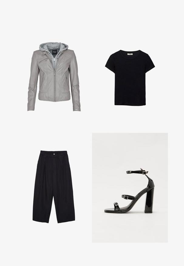 Graue Lederjacke mit einem Reißverschluss an der Vorderseite und Kapuze. Sie verfügt über vertikale Nähte, zwei Seitentaschen und eine glatte, strukturierte Oberfläche.; Schwarzes kurzärmeliges T-Shirt aus weichem Stoff. Mit klassischem Rundhalsausschnitt und lockerer Passform. Keine Muster oder Akzente sichtbar.; Schwarze Polyester-Culotte mit einem elastischen Bund, zwei vorderen Falten und einer lockeren Silhouette. Keine sichtbaren Muster oder Hardware-Details.; Schwarze patentierte Sandalen mit Absatz, quadratischer Spitze, Knöchelriemen und silbernen Schnallen. Mit einem stabilen Blockabsatz für mehr Stabilität.