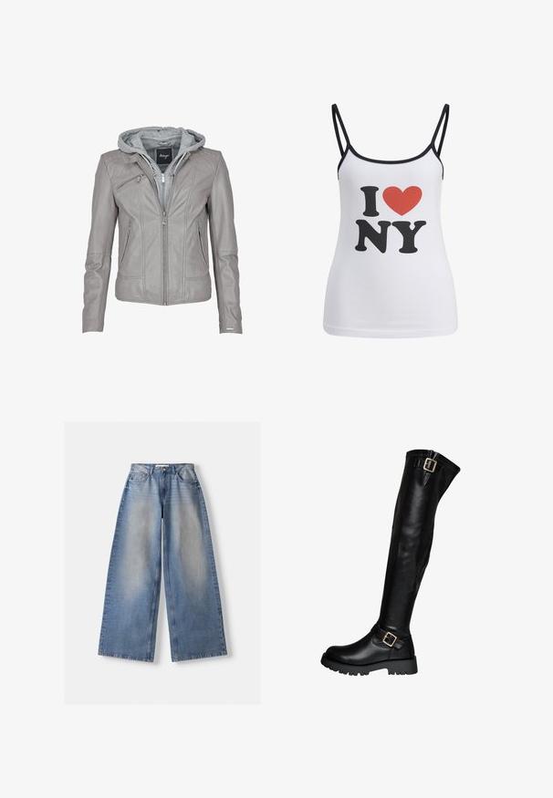 Grå læderjakke med lynlås foran og hætte. Har lodret syning, to sidelommer og en glat, struktureret overflade.; Hvid top med tynde sorte stropper, der har en stor sort "I" og "NY" tekst samt et rødt hjerte grafik imellem.; Bredde ben blå denim jeans med høj talje og falmede detaljer, lagt fladt på hvid baggrund.; Sorte læderstøvler til knæene med chunky sål og to guldspænder, en ved anklen og en øverst.