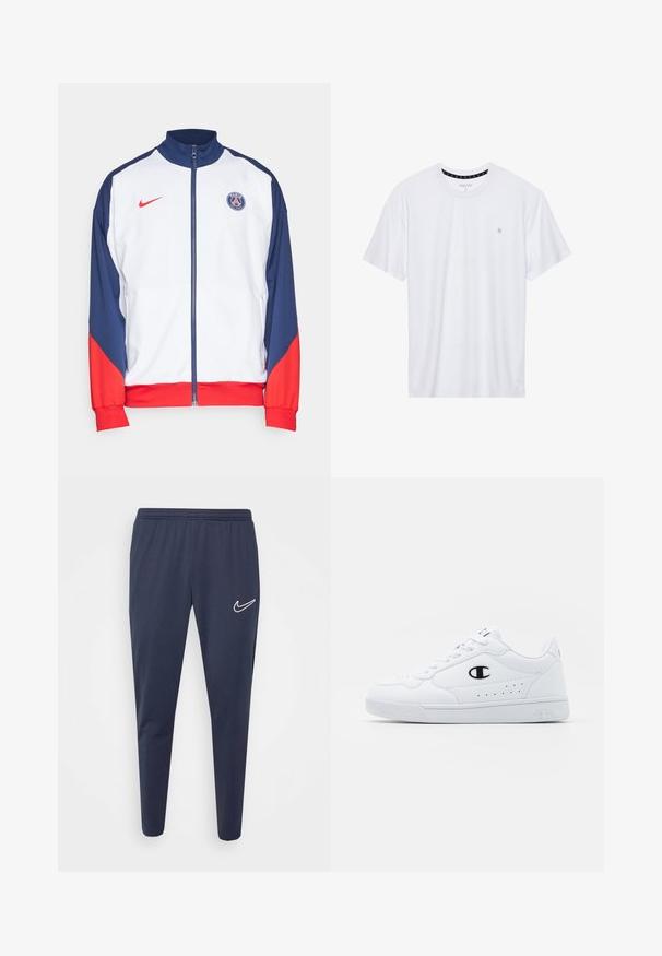 Giacca da track Nike Paris Saint-Germain in bianco, blu navy e rosso. Caratterizzata da un colletto alto, zip completa, logo e polsini elasticizzati.; T-shirt bianca a girocollo realizzata in cotone, con maniche corte e un piccolo logo ricamato sulla parte sinistra del petto. Texture morbida.; Pantaloni sportivi blu navy con vita elastica, gamba affusolata, realizzati in tessuto liscio, con logo Nike bianco sul lato sinistro.; Sneakers atletici bianchi con pelle sintetica liscia, accento del logo nero e dettagli perforati sul lato. Suola in gomma.