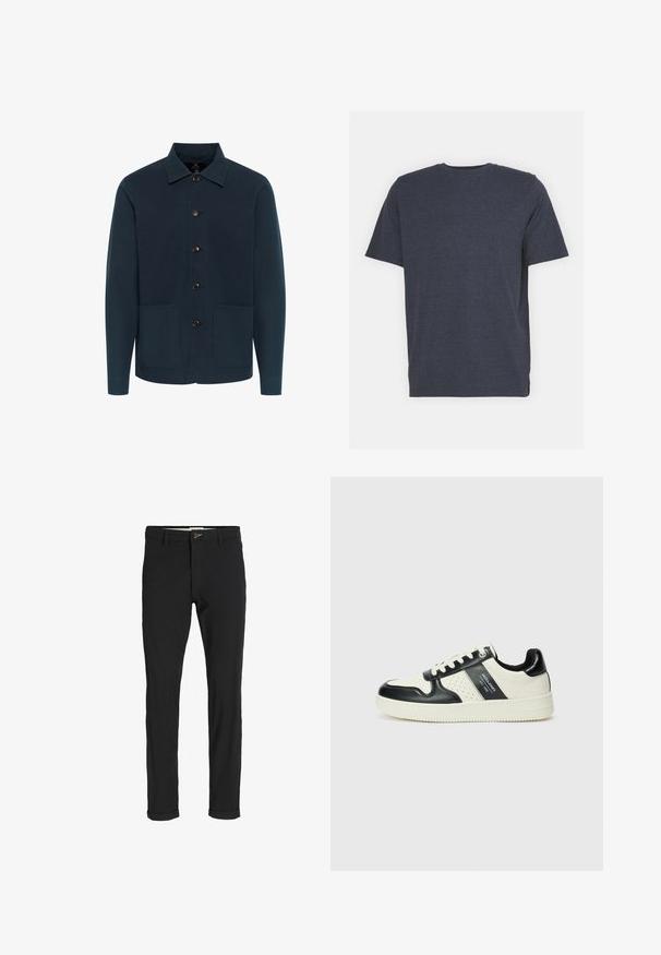 Tamsiai mėlynas medvilninis švarkas su apykakle, sagčių priekyje ir dviem priekinėmis kišenėmis. Lygi tekstūra, minimalus dizainas.; Jūrų mėlynos spalvos apvalaus kaklo marškiniai, pagaminti iš minkštos medvilnės mišinio, su trumpomis rankovėmis ir įprastu kirpimu. Nėra matomų raštų ar akcentų.; Juodi medvilnės mišiniai kelnės su siauru siluetu, su mygtuko uždarymu, kišenėmis ir sukamučiais galais, suteikiančiais laisvalaikio stilių.; Odiniai sportbačiai juodos ir kreminės spalvų schemoje, su perforuotais akcentais, paminkštinta apykakle ir tekstūruotu padu.