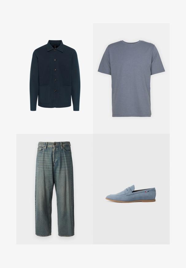 Tumši zils kokvilnas žakets ar apkakles kaklu, pogu priekšpusi un divām priekšējām kabatām. Gluda tekstūra, minimālistisks dizains.; Pelēks īsām piedurknēm T-krekls ar apaļu kakla izgriezumu, izgatavots no mīkstas kokvilnas maisījuma auduma. Vienkāršs dizains, bez rakstiem vai akcentiem.; Gaiši zili džinsi ar brīvu piegriezumu, vidējo jostas augstumu un taisnām kājām. Satur piecas kabatas, jostas cilpas un pogu aizdari.; Gaiši zilas zamšādas mokasīni ar gludu faktūru, dekoratīvo izšuvumu un brūnu gumijas zoli. Augšdaļā ir penny slot dizains.