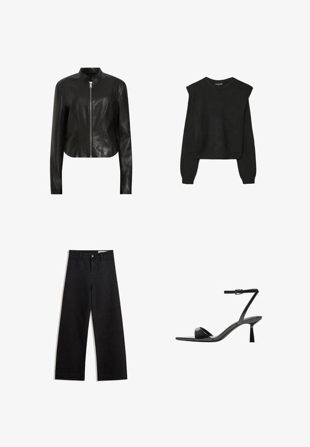 AllSaints SADLER - Usnjena jakna - black; Črn dolgi pulover iz pletenine z oblazinjenimi rameni ter rebrastimi manšetami in robom, prikazan na beli podlagi.; Črne široke denim hlače z visokim pasom, ki imajo sprednje in zadnje žepe, šivane šive ter gumbasto zapiranje. Gladka tekstura.; Bershka Sandali z visoko peto - black