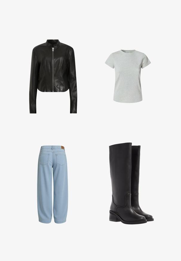 AllSaints SADLER - Jachetă piele - black; Tricou din bumbac gri, cu mâneci scurte și guler rotund. Textură netedă, croială clasică și fără modele sau embellishments vizibile.; Pantaloni din denim de un albastru deschis, cu o croială relaxată, ce includ două buzunare la spate, un tiv cu o etichetă din piele maro și glezne conice.; Bocanci negri din piele, până la genunchi, cu o textură netedă, vârf rotunjit și toc masiv. Prezintă cusături subtile și un design fluid.