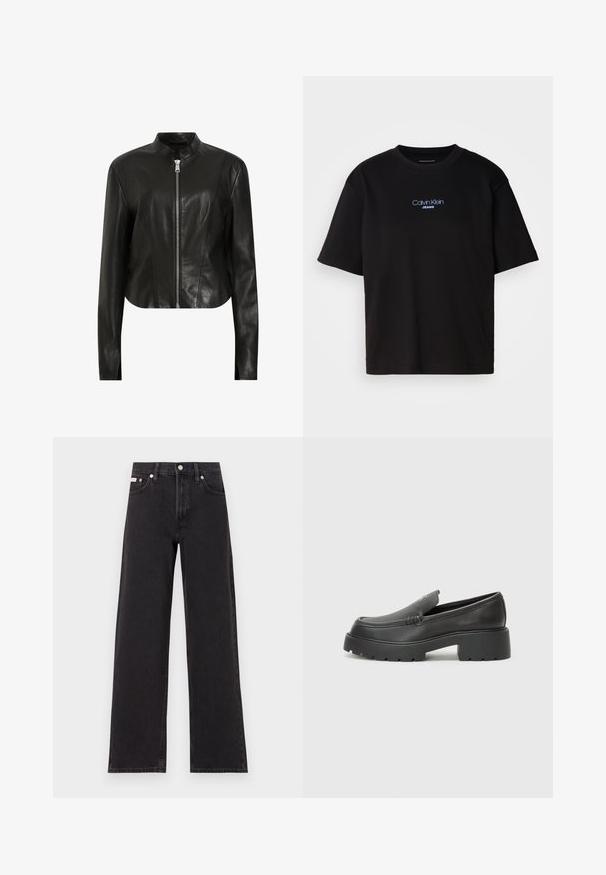 AllSaints SADLER - Bőrdzseki - black; Fekete pamut póló kerek nyakkal, rövid ujjú, elöl kék hímzett "Calvin Klein JEANS" logóval.; Fekete, bőszárú farmernadrág, magas derekú, öt zsebes kialakítással és fém gombos záródással, kontrasztos varrással.; Fekete bőr loafer cipők kerek orral, vastag, texturált talppal és minimális varrási részletekkel. Áramvonalas dizájn, látható fűzők vagy fém részek nélkül.