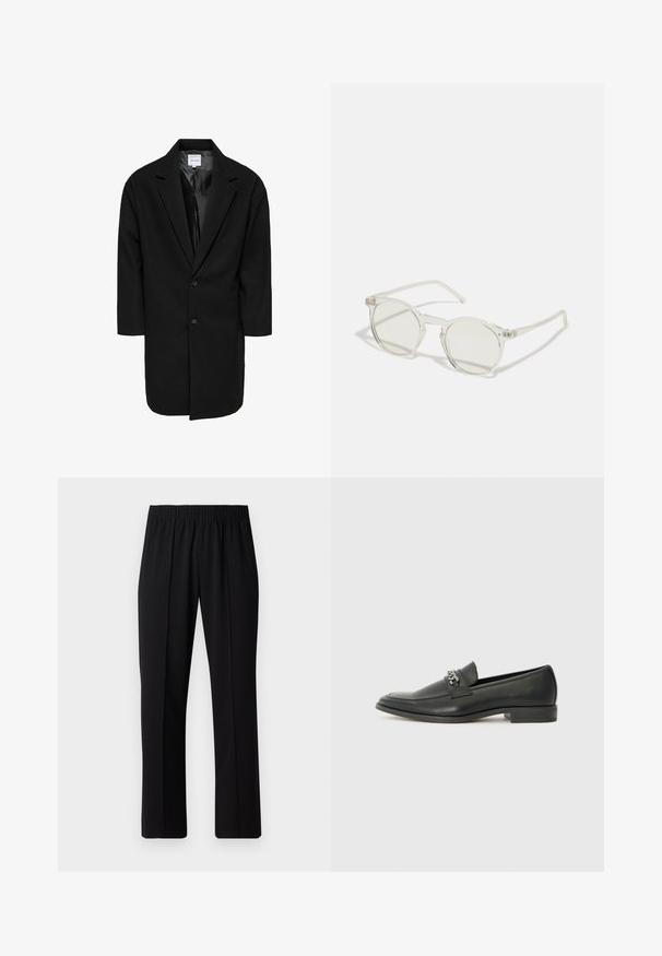 Cappotto nero oversize con revers a punta, due bottoni e maniche a tre quarti; realizzato in un tessuto testurizzato con una fodera interna liscia.; Due magliette polo nere, con maniche corte, in cotone, con colletto classico, pattina a due bottoni e dettagli a righe bianche all'interno del colletto.; Pantaloni neri con vita elasticizzata e design a gamba dritta, caratterizzati da una texture liscia e senza motivi o hardware visibili.; Mocassino in pelle nera con finitura liscia, caratterizzato da un design cucito e da un accento decorativo in catena metallica sul vamp. Tacco piatto.; Occhiali da sole rotondi con una montatura trasparente, lenti verde chiaro e stemmi sottili e trasparenti. Presentano sottili dettagli hardware sulla montatura.