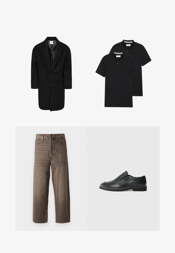 Sort oversized frakke med slagkrave, to knapper og trekvartærmer; lavet af struktureret stof med en glat indre foering.; To sorte polo T-shirts, kortærmede, lavet af bomuldsstof, med en klassisk krave, to-knaps placket og hvide stribede detaljer indeni kraven.; Brune vide ben jeans lavet af denim. Har en lynlås, bæltesløjfer og fem lommer. Stoffet har et falmet, tekstureret udseende.; Sorte læder slip-on sko med en glat overdel, syede detaljer, rund tå og en lav gummihæl. Sålen har minimal profil.