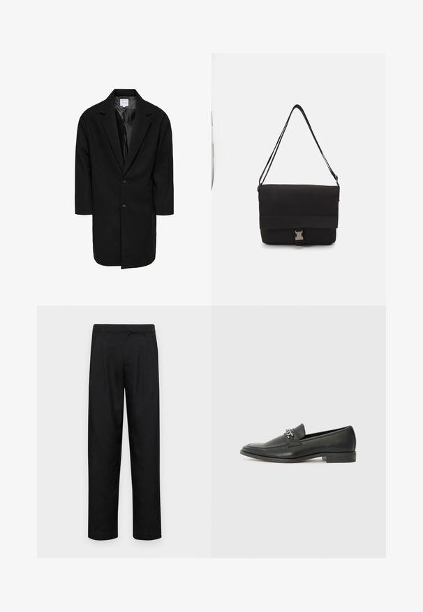 Crni oversized kaput s urezanom reverom, dva gumba i rukavima do tri četvrtine; izrađen od teksturiranog materijala s glatkom unutarnjom podstavom.; Dugi rukav crni majica od pamuka, s okruglim izrezom, slobodnog kroja i rebrastim manžetama. Glatka tekstura bez vidljivih uzoraka.; Crne hlače od glatkog materijala, s dizajnom ravnih nogavica, dva prednja nabora i standardnim pojasom s petljama za remen.; Crna kožna loafer cipela s glatkom finišem, s ušivenim uzorkom i dekorativnim metalnim lancem preko prednjeg dijela. Ravni potplat.; Crni messenger ruksak od glatkog materijala, s preklopom, srebrnim kopčanjem i podesivim remenom za rame.