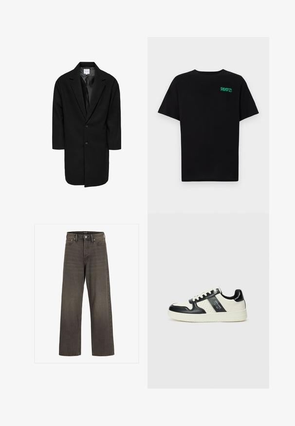 Abrigo negro de gran tamaño con solapas, dos botones y mangas tres cuartos; hecho de una tela texturizada con un forro interior suave.; Camiseta negra de algodón con mangas cortas. Presenta un logo verde "ROOTS" en el frente, escote redondo y corte estándar.; Jeans de pierna ancha en denim gris oscuro, con una cintura alta, diseño clásico de cinco bolsillos y costuras en contraste a lo largo de las costuras.; Zapatillas de cuero con un esquema de colores negro y crema, que cuentan con acentos perforados, un collar acolchado y una suela texturizada.