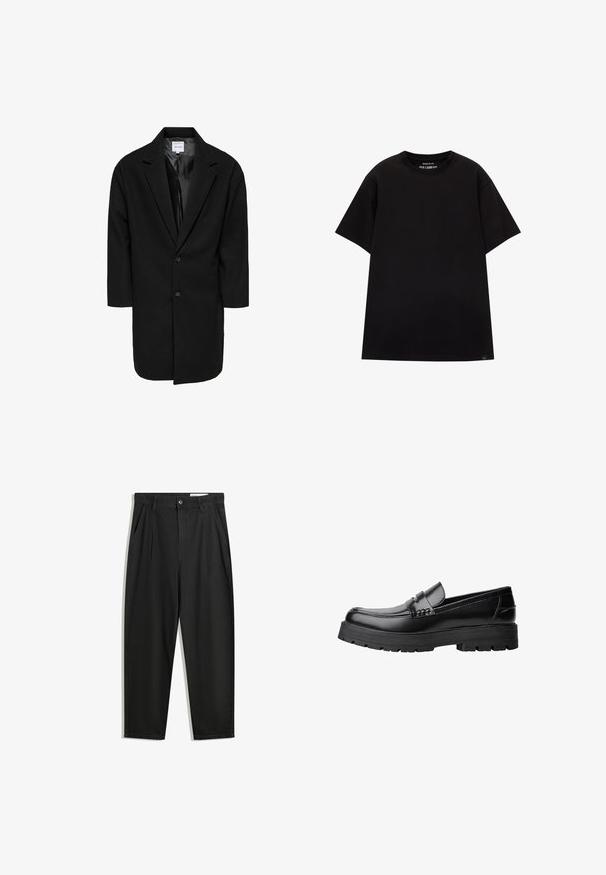 Fekete, oversize kabát, hegyes hajtókkal, két gombbal és háromnegyedes ujjakkal; strukturált anyagból készült, sima belső béléssel.; PULL&BEAR JOIN LIFE - Basic póló - black; Fekete pamut nadrág laza szabással, klasszikus derékrésszel, elülső hajtásokkal és oldalsó zsebekkel. Simább textúra minta nélkül.; Fekete bőr loaferek vastag, bordázott talppal és díszcsíkkal az upper rész felett, bal oldali profilmódban, fehér háttér előtt.