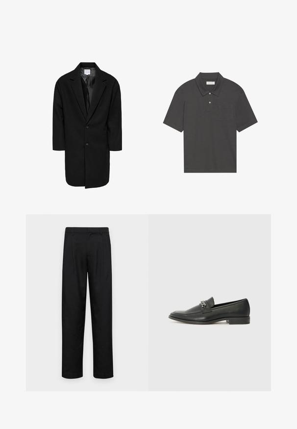 Must mustriga must coat, millel on lõigatud krae, kaks nuppu ja kolmveerand varrukad; valmistatud tekstuuriga kangast, millel on siledad voodrid.; Tumehall polo särk traditsioonilise kraega, kolme nööbiga kinnitus, lühikesed varrukad ja vasakul rinnal tasku. Sile kangastekstuuri.; Mustad mustadest riietest, millel on sirge jalgade disain, kaks eesmist voltimist ja tavaline vöökoht, millel on vöökohad.; Must haveate nahkking punased, millel on sile viimistlus, tikitud muster ja dekoratiivne metallkett vampi üle. Tasane konts.