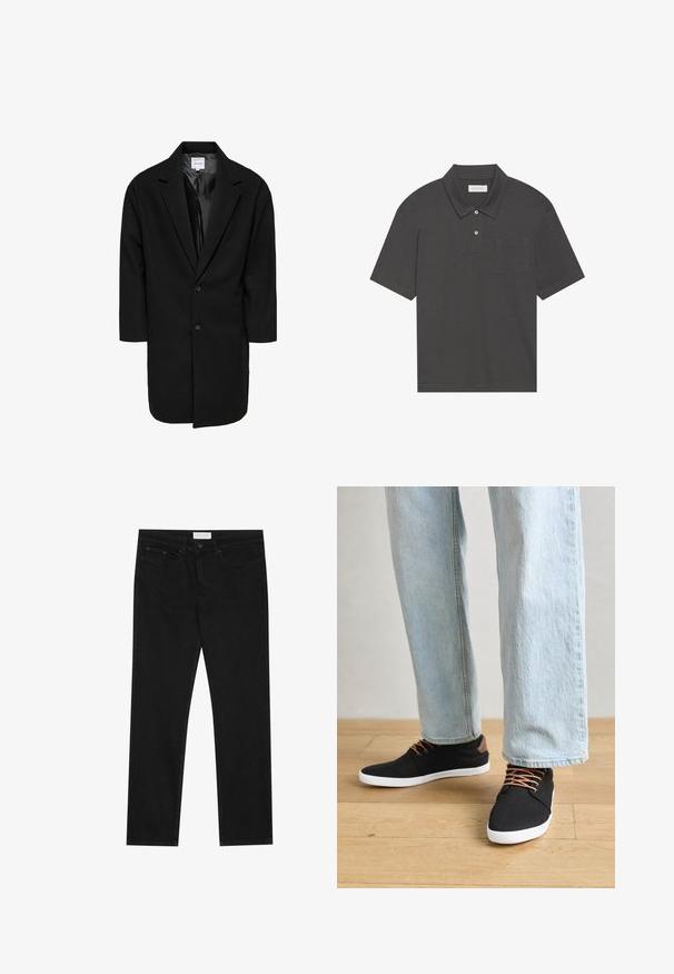 Svart oversized kåpe med slagkrage, to knapper og trekvartlange ermer; laget av teksturert stoff med glatt innvendig fôr.; Mørk grå polo skjorte med tradisjonell krage, tre knapper foran, korte ermer og lomme på venstre bryst. Glatt tekstur på stoffet.; Svarte jeans med rette ben, fem lommer, knapp og glidelås-lukking, og et Pier One-merkelapp på midjen.; svarte lerrets sneakers med brune aksenter, hvite gummisåler og brune snørebånd, sammen med lyseblå rette jeans. Bakgrunn med tregulv.