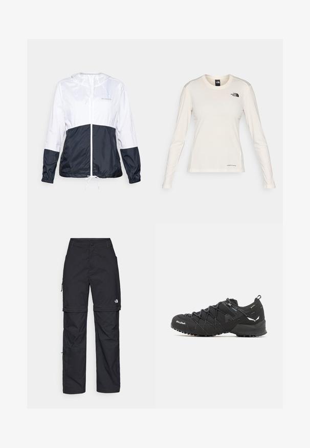 Leichte, kapuzenjacke in Weiß und Marineblau mit Reißverschluss vorne, Zugkordel am Saum und elastischen Bündchen; glatte, glänzende Stofftextur.; The North Face SHADOW LONG SLEEVE - Langarmshirt - white dune; Schwarze Nylon-Zip-Off-Cargohosen mit verstellbaren Bündchen, mehreren Taschen und einem Logo am rechten Bein. Glatte, leichte Textur.; Schwarze Wanderschuhe mit einem strukturierten Obermaterial aus Stoff, Schnürsystem und robuster Gummisohle. Akzentuiert mit reflektierenden Details und Logos.
