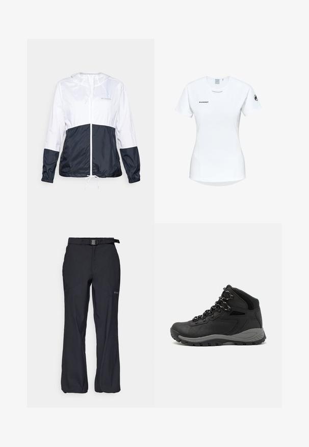 Lightweight, hooded jacket in white and navy blue, featuring a zip front, drawstring hem, and elastic cuffs; smooth, shiny fabric texture.; Short-sleeve white athletic shirt with a round neckline, featuring a logo on the chest and a smooth, lightweight fabric texture.; Black outdoor pants featuring a lightweight fabric, adjustable waistband with a belt, and two front pockets. Designed for comfort and utility.; Black hiking boot with a mid-top design, featuring a textured upper, gray accents, and durable rubber sole with traction lugs.