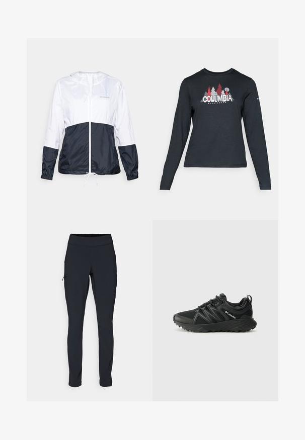Leichte, kapuzenjacke in Weiß und Marineblau mit Reißverschluss vorne, Zugkordel am Saum und elastischen Bündchen; glatte, glänzende Stofftextur.; Dunkelgraues Langarmshirt mit einem Grafikdesign von roten Bäumen und Bergen; das "COLUMBIA"-Logo in fett weißer Schrift. Weicher Stoff, klassischer Rundhalsausschnitt.; Schwarze Sporthose im Slim-Fit, mit elastischem Bund und einer seitlichen Gesäßtasche mit Reißverschluss. Glattes, dehnbares Material mit minimalen Nähten.; Columbia PEAKFREAK - Hikingschuh - black
