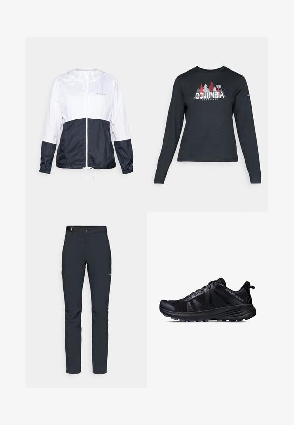 Giacca leggera con cappuccio bianco e blu navy, caratterizzata da una chiusura con zip frontale, orlo con coulisse e polsini elastici; tessuto liscio e lucido.; Maglietta a maniche lunghe grigia scura con una grafica di alberi rossi e montagne; logo "COLUMBIA" in caratteri bianchi in grassetto. Tessuto morbido, scollatura a girocollo standard.; Pantaloni da uomo per attività all'aperto, grigio scuro, realizzati in materiale elastico, dotati di cintura, tasche con zip e cuciture rinforzate.; Scarpe da trail running nere con tomaia in rete e suola in gomma. Presentano sovrapposizioni testurizzate, punta rinforzata e logo del marchio sul tallone.
