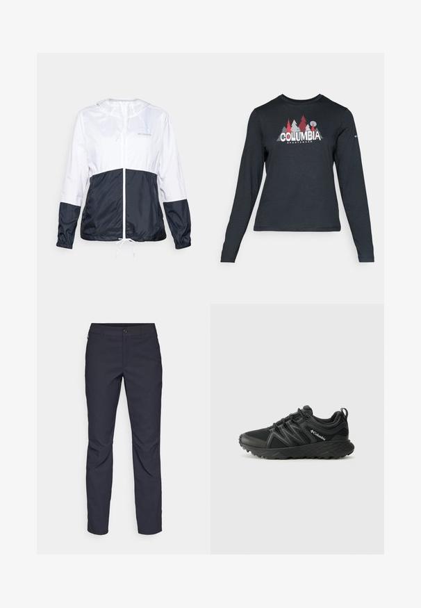 Kerge kapuutsiga jope valge ja tumesinise värviga, mis on varustatud lukuga esiosas, nööriga alumises servas ja elastsete mansettidega; sile ja läikiv kangastekstuuri.; Pikend varrukatega tumehall särk, millel on punaste puude ja mägede graafika; "COLUMBIA" logo julge valge tekstiga. Pehme kangas, tavaline ümmargune kaelus.; Tumedat sinised püksid sujuva kangaga, millel on esiääre nuppude sulgemine, kitsas lõige ja volditud detailid põlvede piirkonnas.; Columbia PEAKFREAK - Matkajalatsid - black