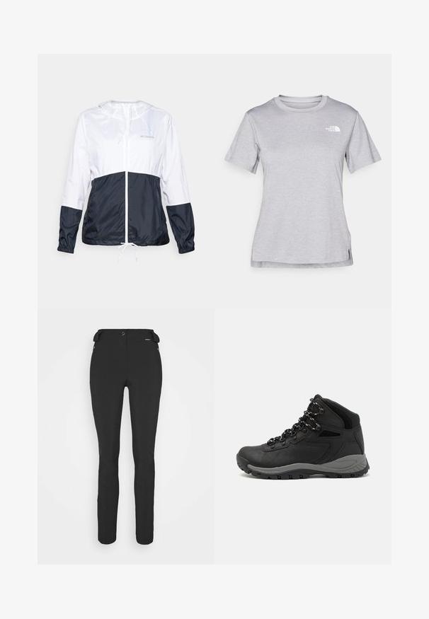 Lightweight, hooded jacket in white and navy blue, featuring a zip front, drawstring hem, and elastic cuffs; smooth, shiny fabric texture.; Grey short-sleeve t-shirt made of soft, moisture-wicking fabric. Features a crew neck and a small white logo on the upper left.; Black, fitted pants made from a flexible material. Features include a zippered side pocket, articulated knees, and a smooth texture.; Black hiking boot with a mid-top design, featuring a textured upper, gray accents, and durable rubber sole with traction lugs.