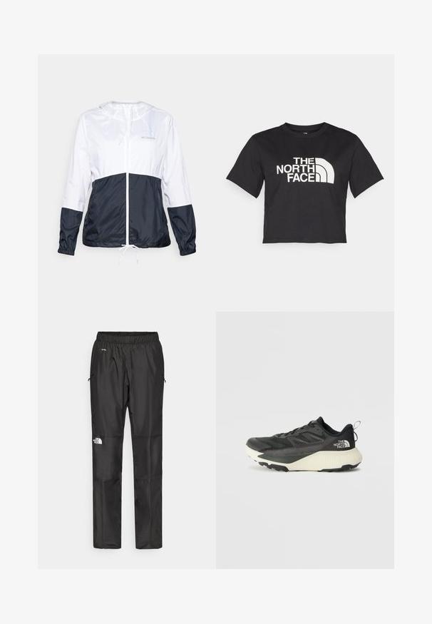 Jachetă ușoară cu glugă, în alb și bleumarin, prevăzută cu fermoar frontal, tiv reglabil cu șnur și manșete elastice; textură de material neted și lucios.; Cămașă scurtă neagră din bumbac, cu un logo alb cu accente curbate și textul "THE NORTH FACE" pe față. Mâneci scurte, guler rotund.; Pantaloni impermeabili negri, confecționați dintr-un material ușor, cu o talie elastică, buzunare laterale și un logo pe piciorul stâng.; Pantofii sport negri cu un superior texturat, având accente gri și o talpă intermediară albă. Include un sistem de prindere și un logo de marcă proeminent pe călcâi.