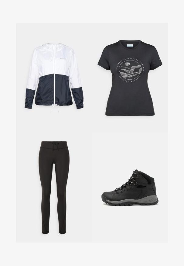 Lightweight, hooded jacket in white and navy blue, featuring a zip front, drawstring hem, and elastic cuffs; smooth, shiny fabric texture.; Black Columbia t-shirt with white circular mountain and river line art and text "Columbia Sportswear Company Outside Since 1938."; Black leggings with a high waistband, drawstring, smooth texture, and fitted design. Features stitching details along the sides.; Black hiking boot with a mid-top design, featuring a textured upper, gray accents, and durable rubber sole with traction lugs.