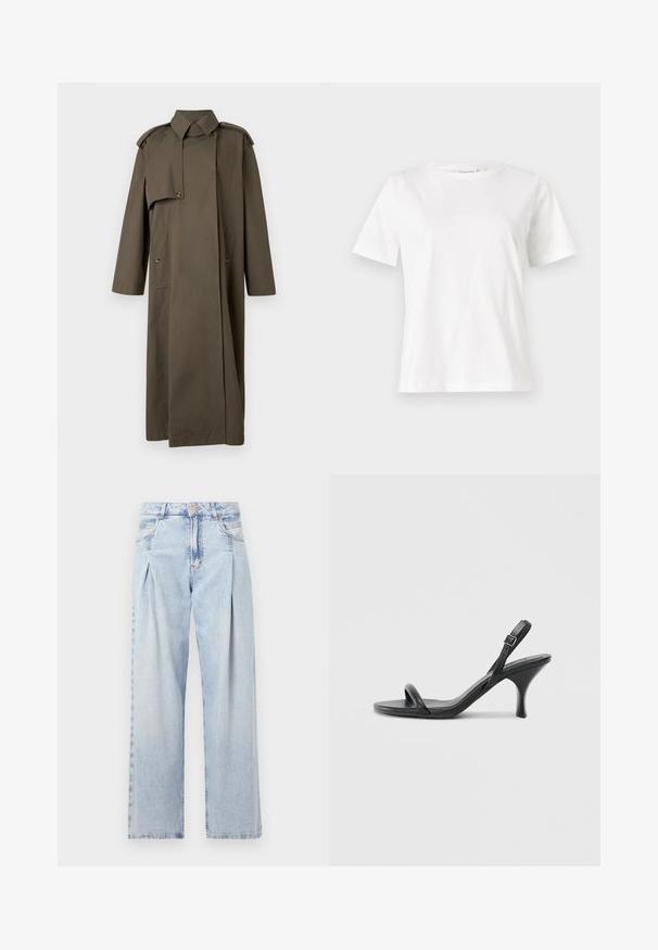 Garš, olīvzaļas krāsas kokvilnas trenci mētelis ar augstu apkakli, plecu uzplečiem, divām priekšējām kabatām un pogu aizdari.; Baltas kokvilnas T-krekls ar īsām piedurknēm, apaļu kakla izgriezumu un brīvu piegriezumu. Gluda tekstūra, bez rakstiem vai akcentiem, minimālistisks dizains.; Gaiši zilas džinsu bikses ar augstu jostasvietu, plats kāju griezumu, divām sānu kabatām un krokotā dizaina akcentiem. Mīksta tekstūra ar izdilušu apdari.; Melnas ādas augstpapēžu sandales ar plānu, izliekta formas papēdi un krustenisku siksnu dizainu. Regulējama potītes siksna. Gluda tekstūra.