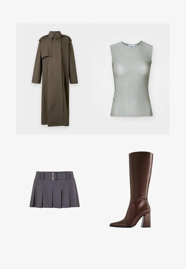 Lång, olivgrön trenchcoat i bomull med hög krage, axelklaffar, två framfickor och knäppning med knappar.; Ärmlös ljusgrön topp gjord av slät tyg, med hög urringning och en figurnära silhuett. Inga synliga detaljer eller mönster.; Grå plisserad minikjol med en slät textur, med en bred midjeresår, bältesögglor och en rektangulär silverfärgad spännedetalj.; Brun knähög läderstövel med spetsig tå och grov medelhög klack, visad i sidoprofil mot vit bakgrund.