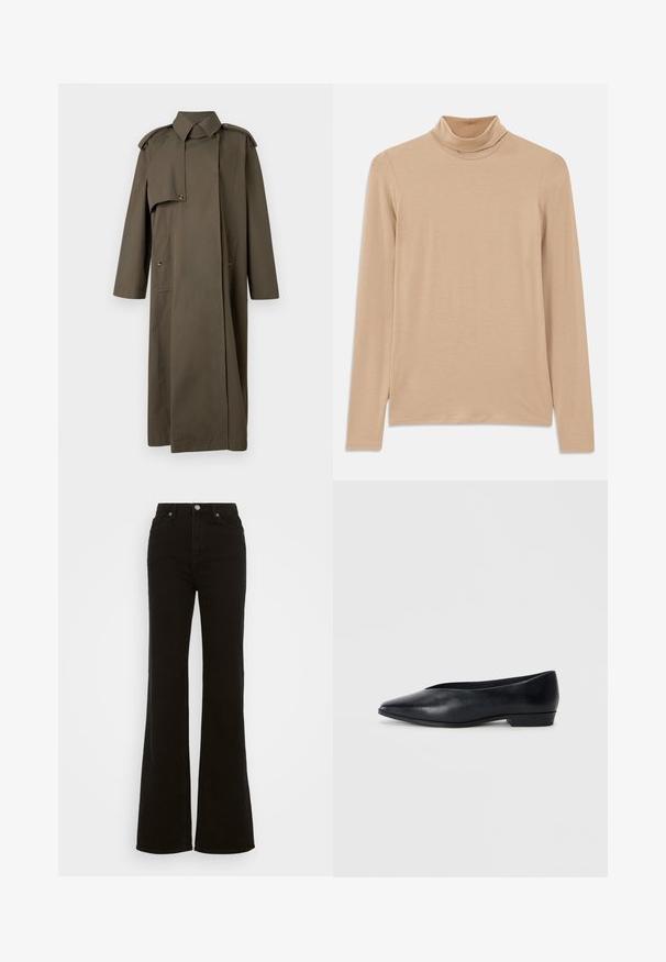 Garš, olīvzaļas krāsas kokvilnas trenci mētelis ar augstu apkakli, plecu uzplečiem, divām priekšējām kabatām un pogu aizdari.; Beige garš piedurkņu turtleneck tops, izgatavots no mīksta, teksturēta auduma; ar šauru piegriezumu un augstu kakla izgriezumu. Nav redzamu rakstu vai detaļu.; Augstas jostas melni izplūduši džinsi, kas izgatavoti no denima, ar pogu aizdari, sānu kabatām un gludu tekstūru.; Melnas ādas dzīvokļu kurpes ar norādītu purngalu, nedaudz paceltu papēdi un gludu virsmu. Vienkāršs dizains bez redzamām detaļām vai rakstiem.