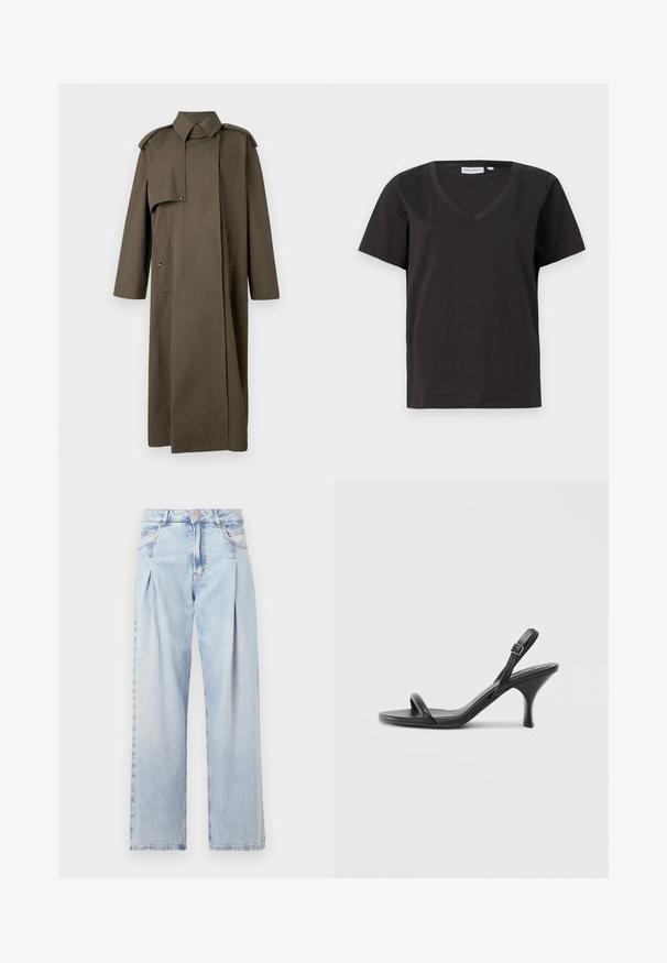 Trenci lung de culoare verde măsliniu, realizat din bumbac, cu un guler înalt, epoleți pe umeri, două buzunare frontale și închidere cu nasturi.; Tricou negru din bumbac cu decolteu în V și mâneci scurte. Design simplu, cu o croială normală și fără modele sau accente.; Jeans din denim albastru deschis cu talie înaltă, croială evazată, două buzunare laterale și un design pliat. Textură moale cu un finisaj decolorat.; Sandale cu toc înalt din piele neagră, cu un toc subțire și curbat și un design cu curea încrucișată. Curea la gleznă ajustabilă. Textură netedă.