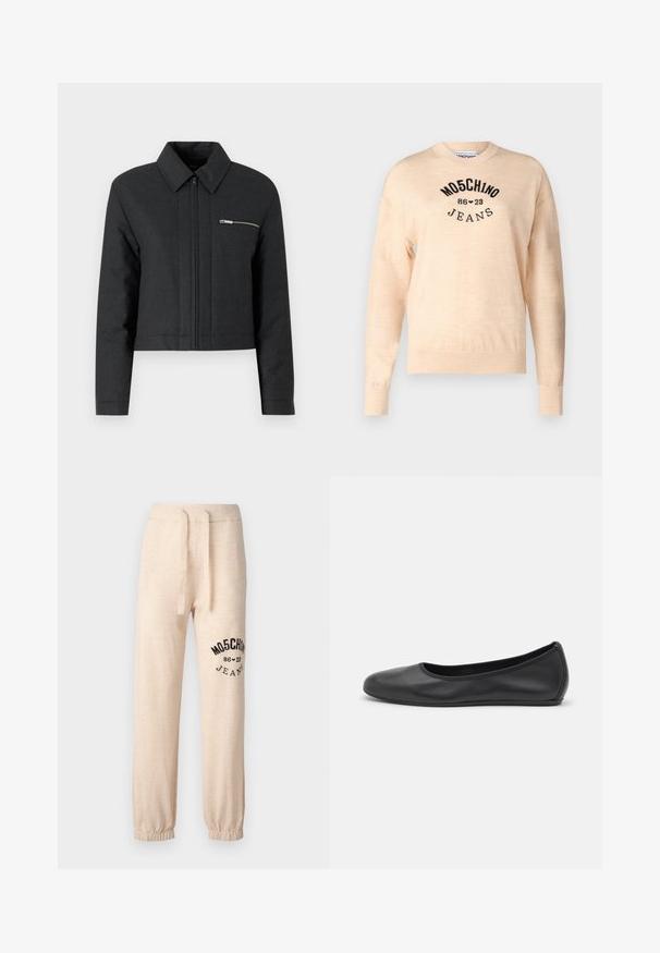 Gekürzte schwarze Jacke aus strukturiertem Material, mit spitzem Kragen, vorderem Reißverschluss und einer kleinen mit Reißverschluss versehenen Tasche auf der linken Brust.; Helles beiges Sweatshirt aus weichem Strick, mit rundem Halsauschnitt, langen Ärmeln und einem schwarzen gestickten Logo mit dem Text "Moschino Jeans."; Beige Jogginghose mit elastischen Bündchen und Bund. Auf dem linken Oberschenkel befindet sich ein schwarzes Drucklogo "MOSCHINO 86 ❤ 23 JEANS". Weicher Stoff.; Schwarze Leder-Ballettschuhe mit abgerundeter Spitze, glatter Textur, minimalen Nähdetails und einem flexiblen Sohlen-Design.