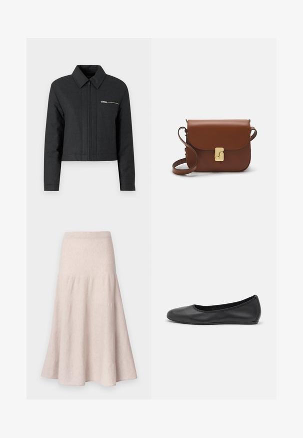 Gekürzte schwarze Jacke aus strukturiertem Material, mit spitzem Kragen, vorderem Reißverschluss und einer kleinen mit Reißverschluss versehenen Tasche auf der linken Brust.; Weißes kurzärmliges T-Shirt aus geripptem Stoff. Runder Halsausschnitt, normale Passform und dezente Nähte. Keine Muster oder Grafiken.; Hellbeiger ausgestellter Rock aus weichem Stoff, mit hoher Taille und gerafftem Design sowie einer fließenden Silhouette.; Schwarze Leder-Ballettschuhe mit abgerundeter Spitze, glatter Textur, minimalen Nähdetails und einem flexiblen Sohlen-Design.; Braune Ledertasche mit Klappenverschluss, Beschlägen in Goldfarbe, einem Schultergurt und einer glatten Oberfläche. Kompakte rechteckige Form.