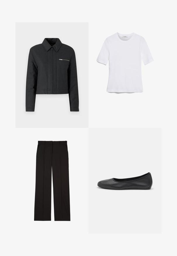 Kort zwarte jack gemaakt van gestructureerde stof, met een puntkraag, een ritssluiting aan de voorkant en een klein ritsvakje op de linkerkant van de borst.; Witte korte mouwen t-shirt van ribstof. Ronde halslijn, normale pasvorm en subtiele stiksels. Geen patronen of grafische elementen.; Zwarte op maat gemaakte broek van een gladde stof, met een rechte pijp en twee zijzakken. Elegante en minimalistische constructie.; Zwarte leren ballerina met een ronde neus, gladde textuur, minimale stikdetails en een flexibele zoolontwerp.