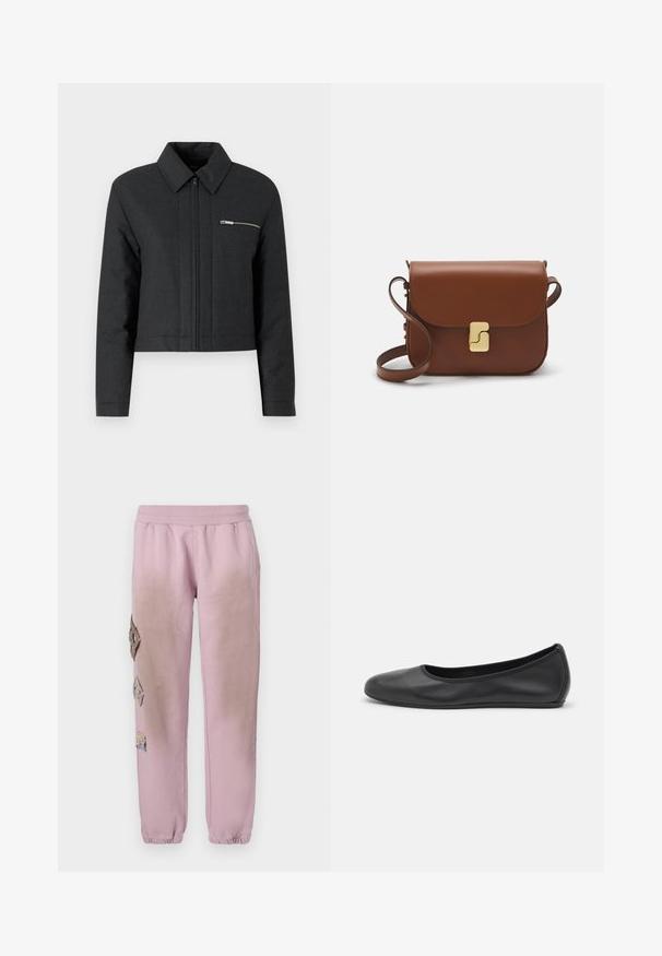 Gekürzte schwarze Jacke aus strukturiertem Material, mit spitzem Kragen, vorderem Reißverschluss und einer kleinen mit Reißverschluss versehenen Tasche auf der linken Brust.; Weißes kurzärmliges T-Shirt aus geripptem Stoff. Runder Halsausschnitt, normale Passform und dezente Nähte. Keine Muster oder Grafiken.; Rosa Sweatpants mit elastischem Bund, verziert mit dekorativen Patches in Diamantform auf der linken Seite und elastischen Bündchen an den Knöcheln.; Schwarze Leder-Ballettschuhe mit abgerundeter Spitze, glatter Textur, minimalen Nähdetails und einem flexiblen Sohlen-Design.; Braune Ledertasche mit Klappenverschluss, Beschlägen in Goldfarbe, einem Schultergurt und einer glatten Oberfläche. Kompakte rechteckige Form.