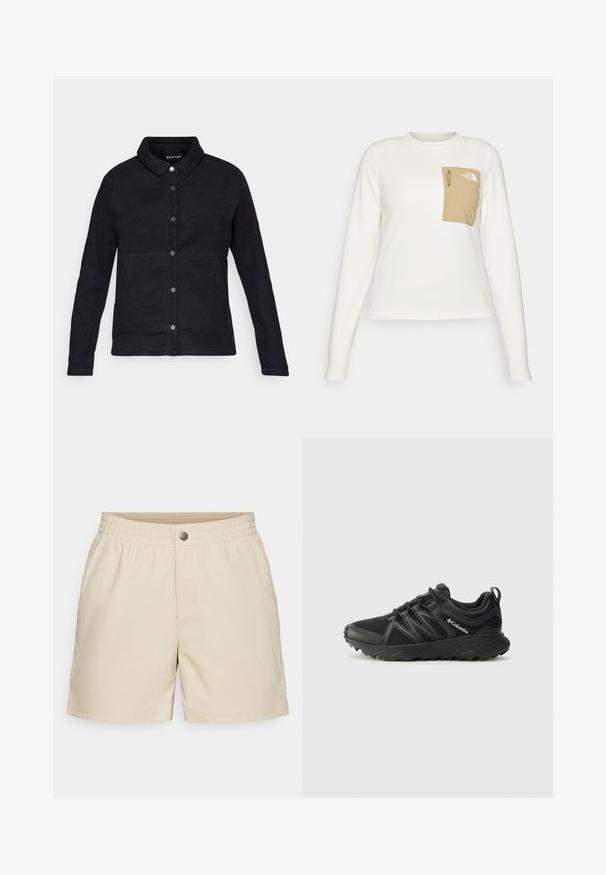 Black fleece jacket with a button-up front, pointed collar, and two side pockets. Features contrasting stitching and a logo tag at the hem.; White long-sleeve shirt made of textured fabric with a beige patch pocket featuring a drawstring and logo.; Beige shorts made of lightweight fabric, featuring an elastic waistband, front pockets, and a single snap closure, with a smooth texture.; Columbia PEAKFREAK - Hiking shoes - black