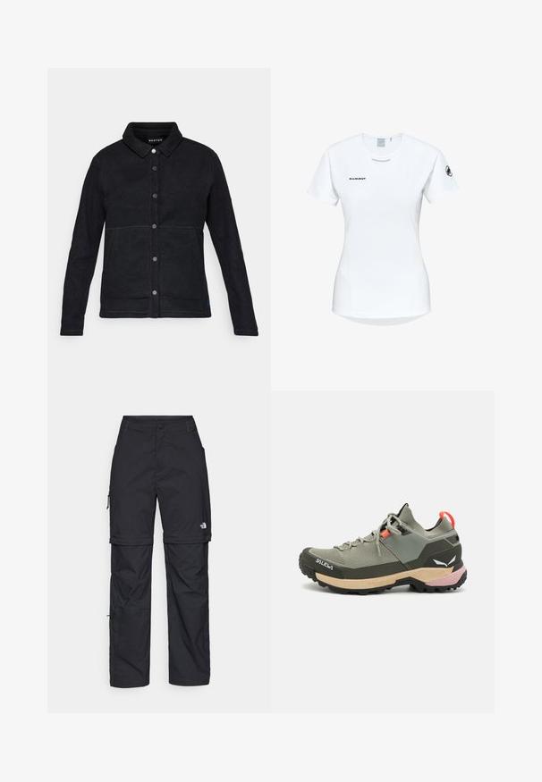 Giacca in pile nera con chiusura a bottoni, colletto appuntito e due tasche laterali. Presenta cuciture a contrasto e un'etichetta con il logo sull'orlo.; Maglietta atletica bianca a maniche corte con colletto rotondo, dotata di un logo sul petto e una texture di tessuto liscia e leggera.; Pantaloni cargo in nylon nero con zip rimovibile, polsini regolabili, molteplici tasche e un logo sulla gamba destra. Tessuto liscio e leggero.; Scarpa da trekking leggera verde con materiali in rete e gomma, suola antiscivolo nera, accenti rosa e arancioni e punta rinforzata.