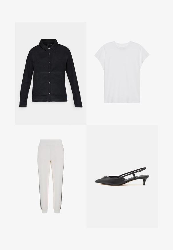 Chaqueta de forro polar negra con cierre de botones en el frente, cuello puntiagudo y dos bolsillos laterales. Presenta costuras en contraste y una etiqueta con logo en el dobladillo.; Camiseta blanca de manga corta con cuello redondo, corte relajado, hecha de suave tela de algodón. Textura lisa, sin estampados ni logotipos.; Pantalones de chándal blancos hechos de un tejido suave, con una cintura acanalada y franjas laterales negras con un detalle de logo en la parte delantera.; Zapatos slingback negros con punta afilada, hechos de material suave, con un pequeño tacón y un acento decorativo plateado en el empeine.