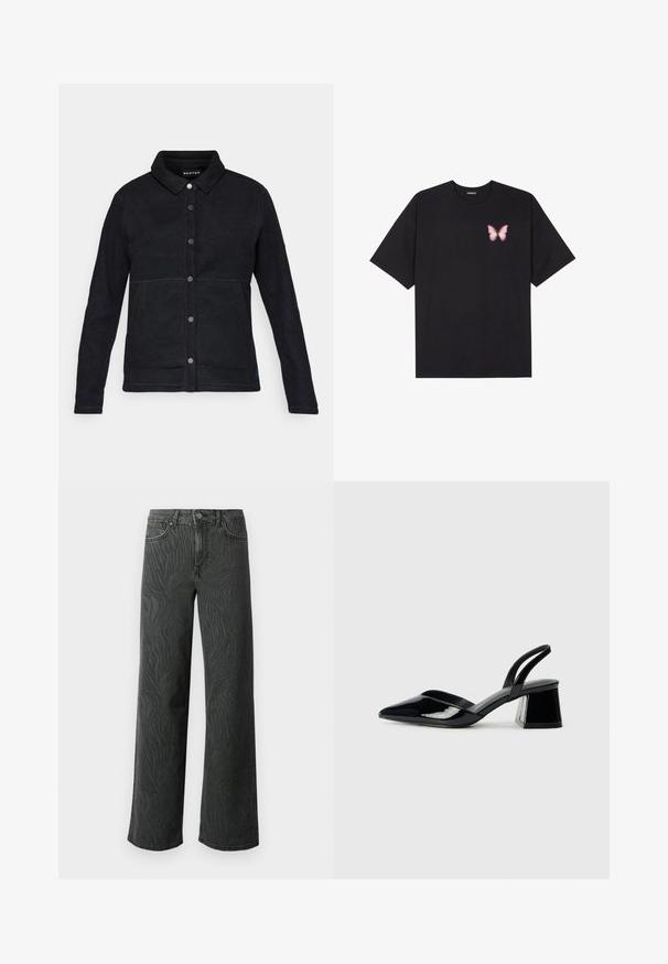 Jachetă din fleece neagră cu închidere butonată, guler ascuțit și două buzunare laterale. Prezintă cusături contrastante și un eticheta cu logo la margine.; Tricou negru din bumbac cu mâneci scurte, având pe partea stângă a pieptului un mic grafic cu un fluture roz. Design cu guler rotund și croială lejeră.; Blugi cu picioare largi din denim gri închis, cu o textură subtilă de model zebra, cusături în contrast și un design cu cinci buzunare, având un nasture pentru închidere.; Pantofi cu toc slingback din piele lacuită neagră, cu vârf ascuțit și toc geometric. Prezintă un design elegant, minimalist și o textură netedă.