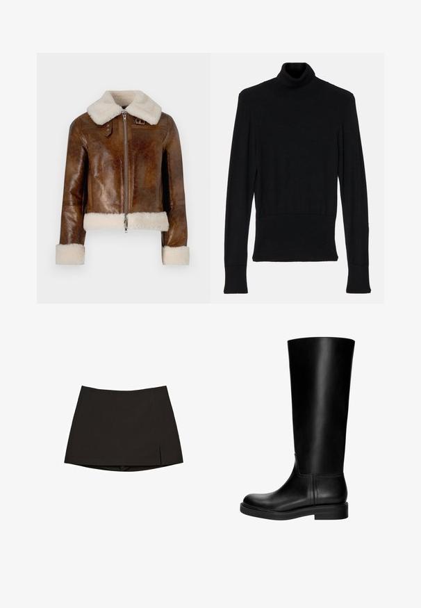 Giacca di pelle marrone con un colletto e polsini in pelliccia cremisi, dotata di una zip frontale e dettaglio con fibbia al collo. Finitura testurizzata.; AERON TENDER LONG SLEEVED - Maglione - black; Minigonna nera in tessuto liscio, con design dritto, spacchi laterali e orlo pulito. Semplice e versatile.; Stivale in pelle nera al ginocchio con una texture liscia, punta rotonda, design sobrio e tacco a blocco basso. Nessuna hardware o motivo visibile.