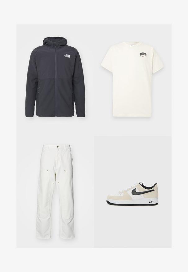 Czarna bluza z kapturem zapinana na zamek, wykonana z lekkiego materiału o gładkiej fakturze. Posiada boczne kieszenie oraz logo na klatce piersiowej.; Beżowa bawełniana koszulka z krótkim rękawem, z napisem "NIKE SB" w czarnym i czerwonym kolorze na klatce piersiowej. Klasyczny okrągły dekolt.; Białe bawełniane spodnie cargo o luźnym kroju. Cechy to przednie kieszenie, złote akcenty oraz wzmocnione części kolan.; Sneakers z jasnobeżowym zamszem i białą skórzaną cholewką, czarnym logo Nike, czarnymi akcentami i białą gumową podeszwą z logo "AIR".