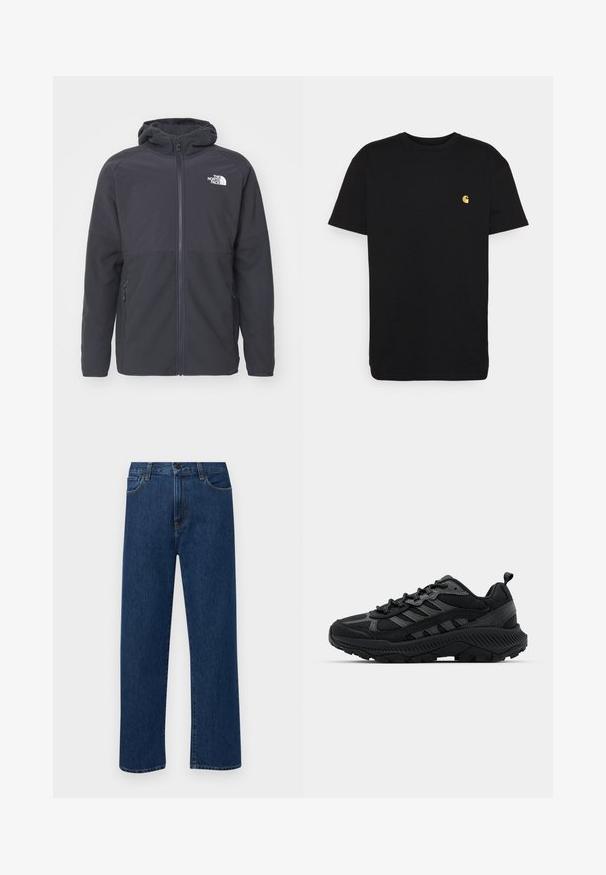 Črna zip-up kapuca iz lahkotnega materiala z gladko teksturo. Ima stranske žepe in logo na prsih.; Črna bombažna majica s kratkimi rokavi, okroglim izrezom in majhnim rumenim logotipom na levi strani prsi. Preprost dizajn in običajen kroj.; Temno modri jeans ravne krojenje z naprsnimi žepi in gumbom za zapiranje, prikazani na enostavni beli podlagi.; Črne športne čevlje z mrežasto zgornjico, teksturiranimi plastmi in debelim gumijastim podplatom z agresivnim profilom. Dodatki vključujejo zanko za vlečenje.