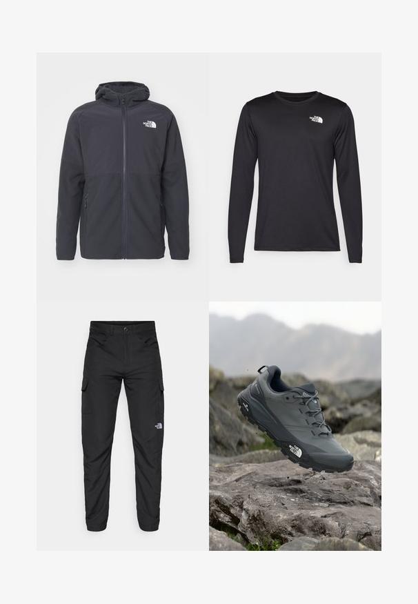 Svart hettejakke med glidelås i lett stoff med en jevn tekstur. Har sidelommer og en logo på brystet.; Langermet svart prestasjonstrøye laget av lett stoff, med en hvit logo på øvre venstre bryst. Glatt tekstur.; The North Face HORIZON PANT - Friluftsbukser - black; Grå terrengløpesko med en teksturert overdel, slitesterk gummisåle og forsterket tåhette. Inkluderer snørebånd og merkevarelogo på siden.