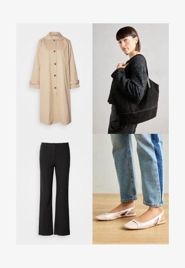 Lollys Laundry Klassikaline mantel - ecru; Valge puuvillane T-särk, millel on mugav lõige, lühikesed volditud varrukad, ümmargune kaelus ja sile tekstuur. Lihtne, minimalistlik disain.; Mustad puuvillasegu püksid sirge lõikega, ees nupuga kinnitamine ja kaks külge taskut. Sile tekstuur, nähtavaid mustreid ei ole.; Kahvatu roosa slingback lapikute jalatsite paar, millel on terav varvas, valmistatud siledast nahataolisest materjalist. Omab külgedel lõikekohti ja lapikut kontsa.; Must mustriga mustekott, millel on sile tekstuur, struktureeritud kuju ja kontrastsed õmblused. Omab pikki rihmasid õlavarre kandmiseks.