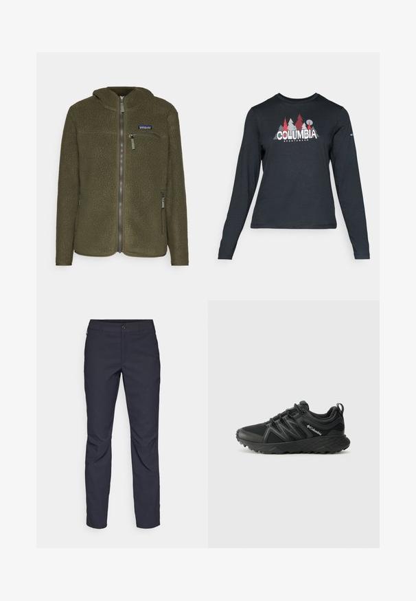 Patagonia RETRO HOODY - Φλις μπουφάν - pine needle green; Μακρυμάνικο σκούρο γκρι πουκάμισο με γραφικό κόκκινων δέντρων και βουνών; το λογότυπο "COLUMBIA" σε έντονο λευκό κείμενο. Μαλακό ύφασμα, τυπικός στρογγυλός λαιμός.; Ναυτικού χρώματος παντελόνι από λείο ύφασμα, με κλείσιμο μπροστά με κουμπί, σε εφαρμοστό σχέδιο και πτυχώσεις στα γόνατα.; Columbia PEAKFREAK - Παπούτσια πεζοπορίας - black