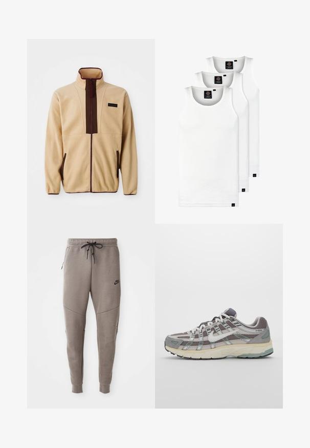 Beige fleece jacket with a high collar, front zip closure, brown accents, two side pockets, and a small logo label on the chest.; Three white ribbed tank tops made of cotton. Features a crew neck and small black labels near the hem. Available in multiple sizes.; Gray Nike sweatpants with a drawstring waistband, tapered legs, side pockets, and distinct seam detailing. Soft, textured fabric.; Gray athletic shoe featuring a mesh and suede upper, white accents, a cushioned sole, and a distinctive design with reflective elements.