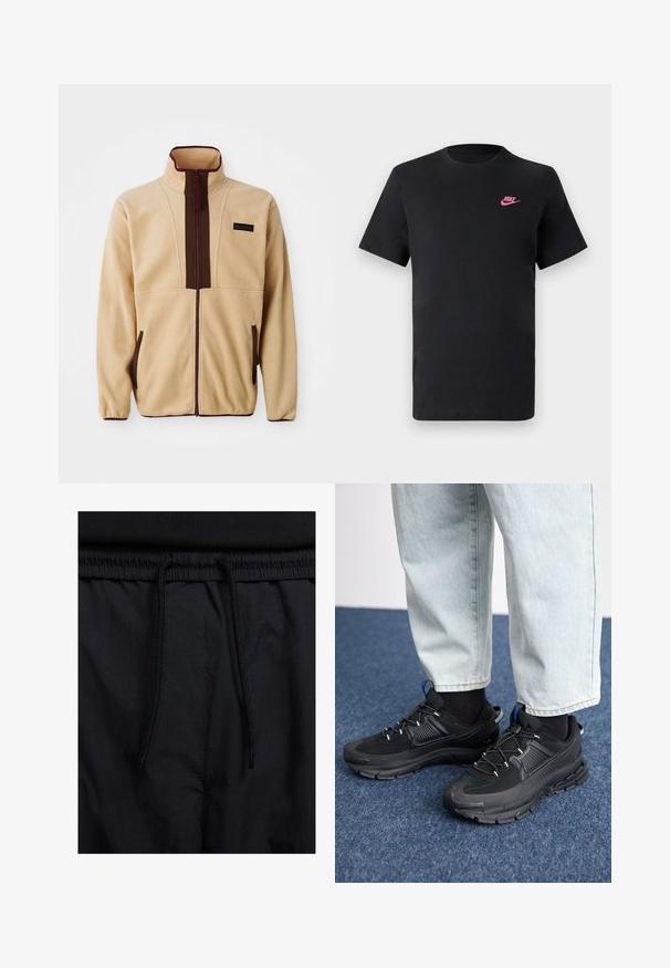 Casaco de polar bege com colarinho alto, fecho de correr frontal, destaques castanhos, dois bolsos laterais e um pequeno rótulo de logótipo no peito.; T-shirt de algodão preto com decote redondo e mangas curtas. Apresenta um logótipo da Nike rosa no lado superior esquerdo. Textura suave.; Calções pretos com um cós elástico ajustável, fabricados em tecido leve com uma textura suave e um design simples, sem logótipos ou padrões visíveis.; Sapatilhas desportivas pretas com tecido texturizado e solas em borracha, apresentando atacadores elásticos e um detalhe azul no calcanhar. Usadas com calças de ganga claras.