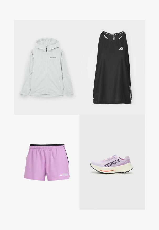 Jasnoszara wodoodporna kurtka z kapturem, z zamkiem błyskawicznym i logo Terrex, z długimi rękawami i regulowanymi mankietami zapewniającymi pewne dopasowanie.; Czarny bezrękawnik sportowy z okrągłym dekoltem. Zawiera białe logo oraz trzy białe paski po bokach; wykonany z oddychającego materiału.; Jasnofioletowe spodenki sportowe z czarną elastyczną talią, bocznymi kieszeniami i białym logo "TERREX" na dolnej lewej części.; Fioletowy but do biegania z przewiewną siateczką, wyraźnym logo "TERREX", białą podeszwą środkową i czarną gumową podeszwą z czerwoną akcentacją.