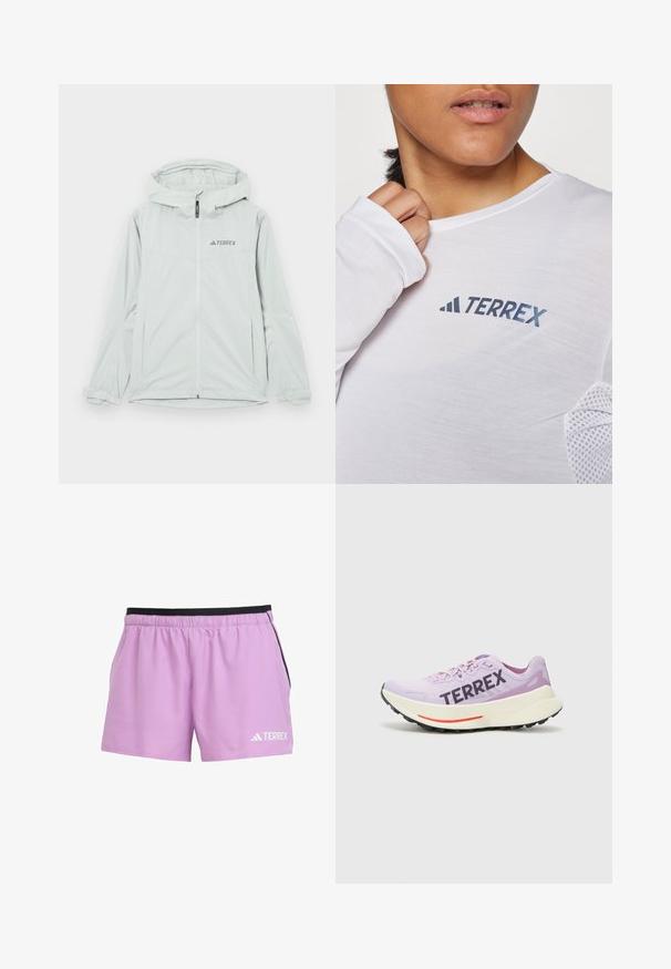 Chaqueta impermeable gris claro con capucha, cierre de cremallera y logo de Terrex, que cuenta con mangas largas y puños ajustables para un ajuste seguro.; Camisa blanca de manga larga con un logo azul de "TERREX". La tela es ligera y tiene detalles de malla texturizada en los hombros.; Shorts deportivos de color púrpura claro con una cinturilla elástica negra, bolsillos laterales y un logotipo blanco de "TERREX" en la parte inferior izquierda delantera.; Zapatilla de running morada con parte superior de malla transpirable, destacado logo "TERREX", entresuela blanca y suela de goma negra con acentos rojos.