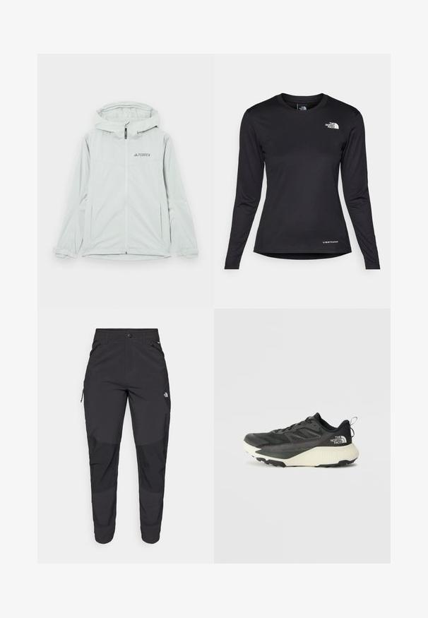 Giacca impermeabile grigia chiara con cappuccio, chiusura a zip e logo Terrex, dotata di maniche lunghe e polsini regolabili per una vestibilità sicura.; The North Face SHADOW LONG SLEEVE - Maglietta a manica lunga - black; Pantaloni neri da esterno realizzati in tessuto durevole. Presentano tasche con zip, pannelli rinforzati sulle ginocchia e un design a taglio dritto per la massima mobilità.; Scarpa da ginnastica nera con tomaia testurizzata, con accenti grigi e un sottopiede bianco. Include una linguetta sul retro e un logo del marchio ben visibile sul tallone.